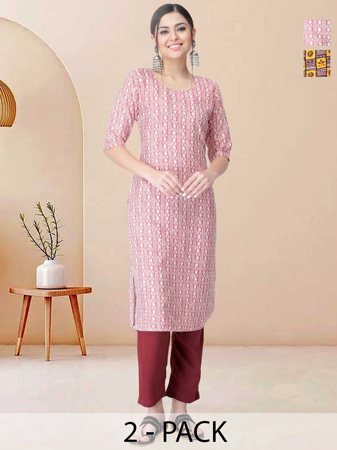 

Moda Rapido Pack of 2 Printed Straight Kurta with Trousers, Red