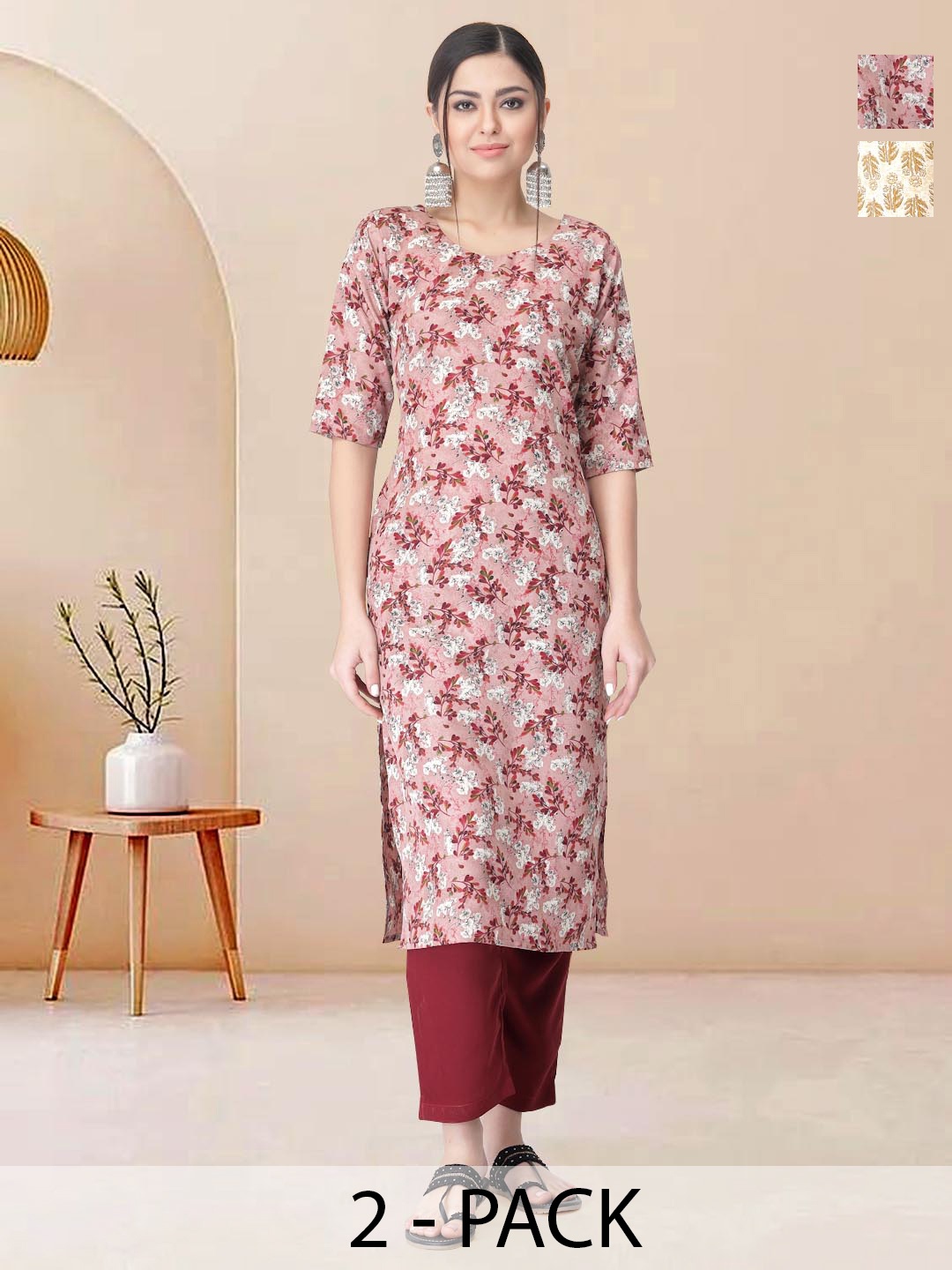 

Moda Rapido Pack of 2 Printed Straight Kurta with Trousers, Pink