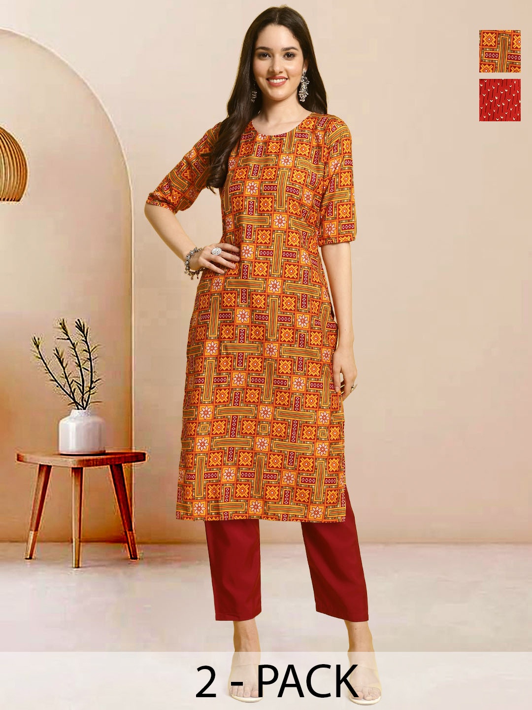

Moda Rapido Pack of 2 Printed Straight Kurta with Trousers, Red