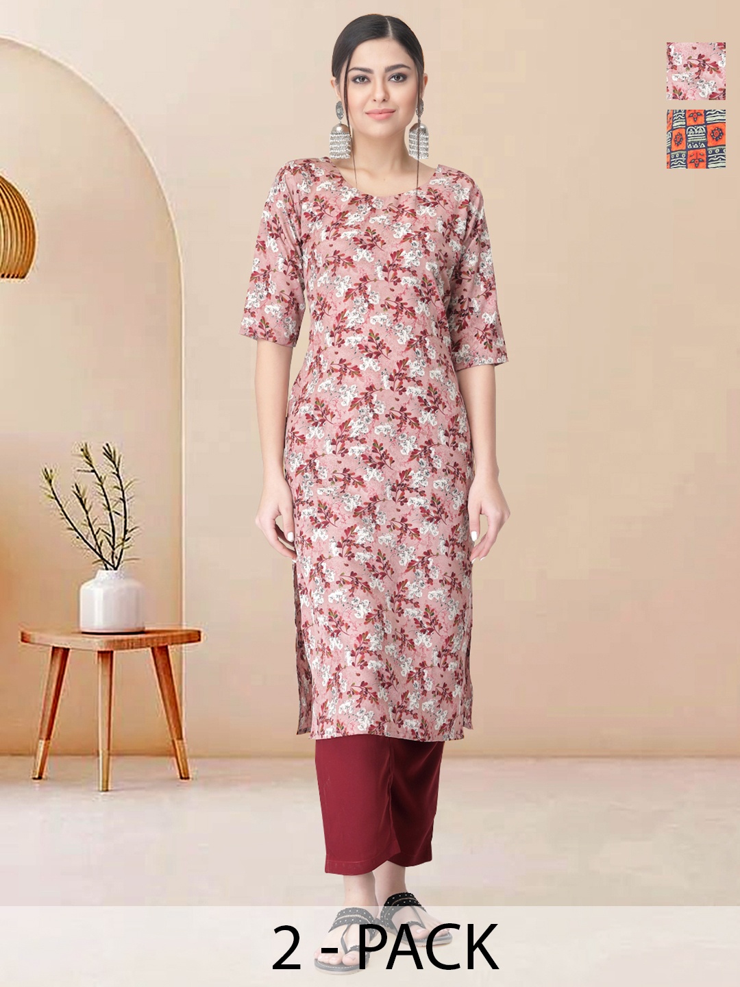 

Moda Rapido Pack of 2 Printed Straight Kurta with Trousers, Pink
