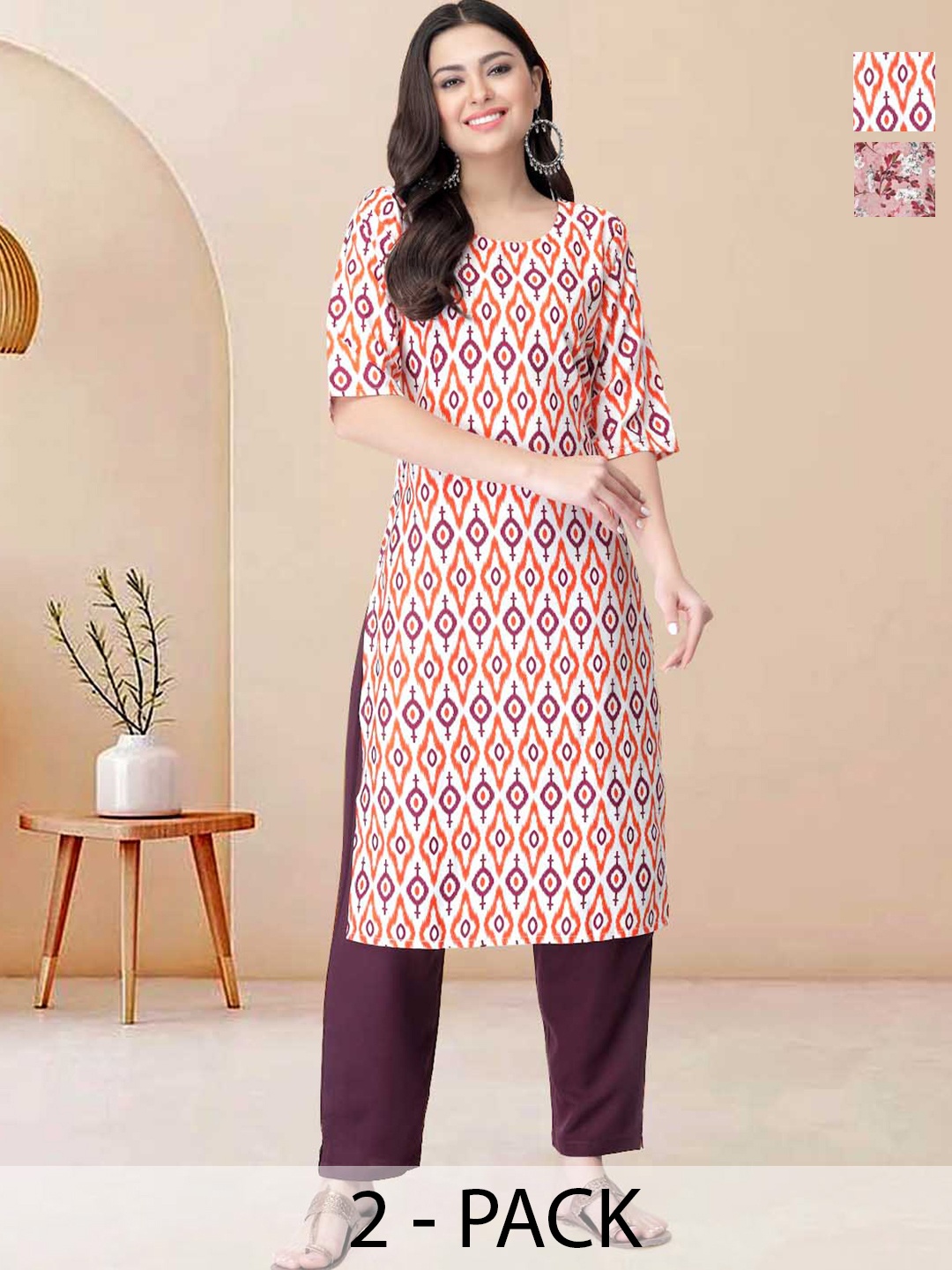 

Moda Rapido Pack of 2 Printed Straight Kurta with Trousers, Pink