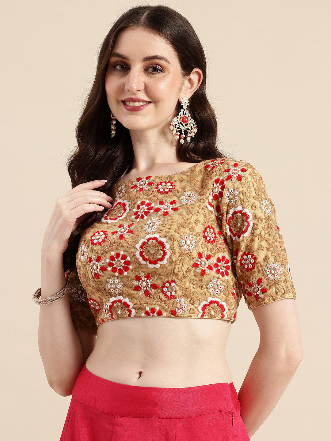 

Ethnovog Floral Embroidered Ready To Wear Net Saree Blouse, Multi