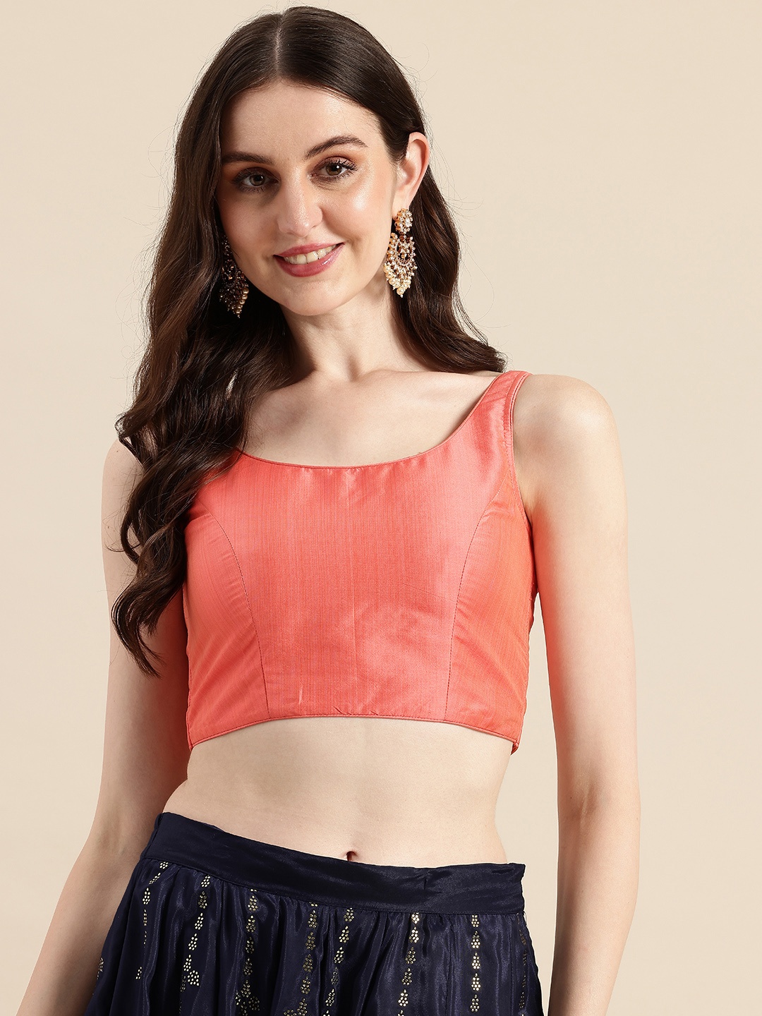 

Ethnovog Solid Padded Ready To Wear Taffeta Saree Blouse, Peach