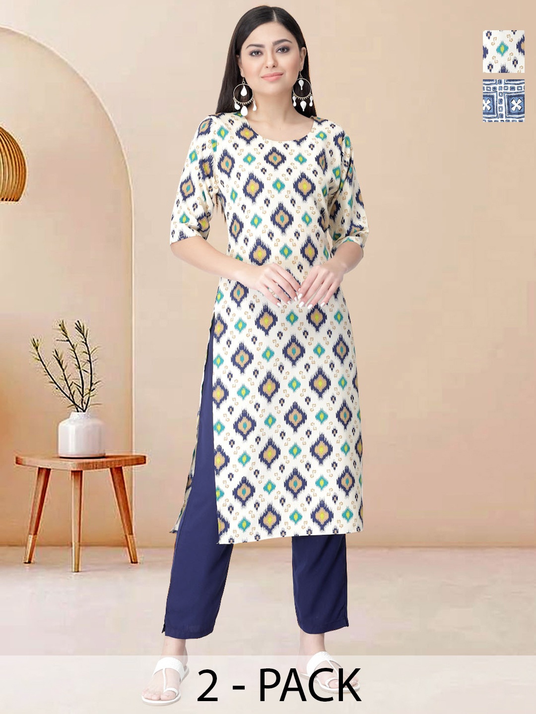 

Moda Rapido Pack of 2 Printed Straight Kurta with Trousers, Navy blue