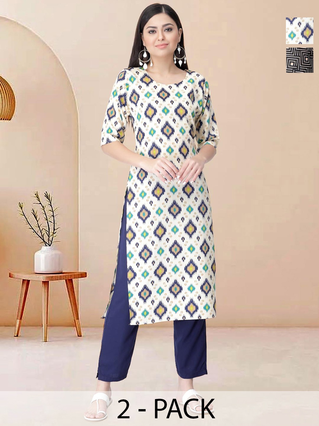 

Moda Rapido Pack of 2 Printed Straight Kurta with Trousers, White