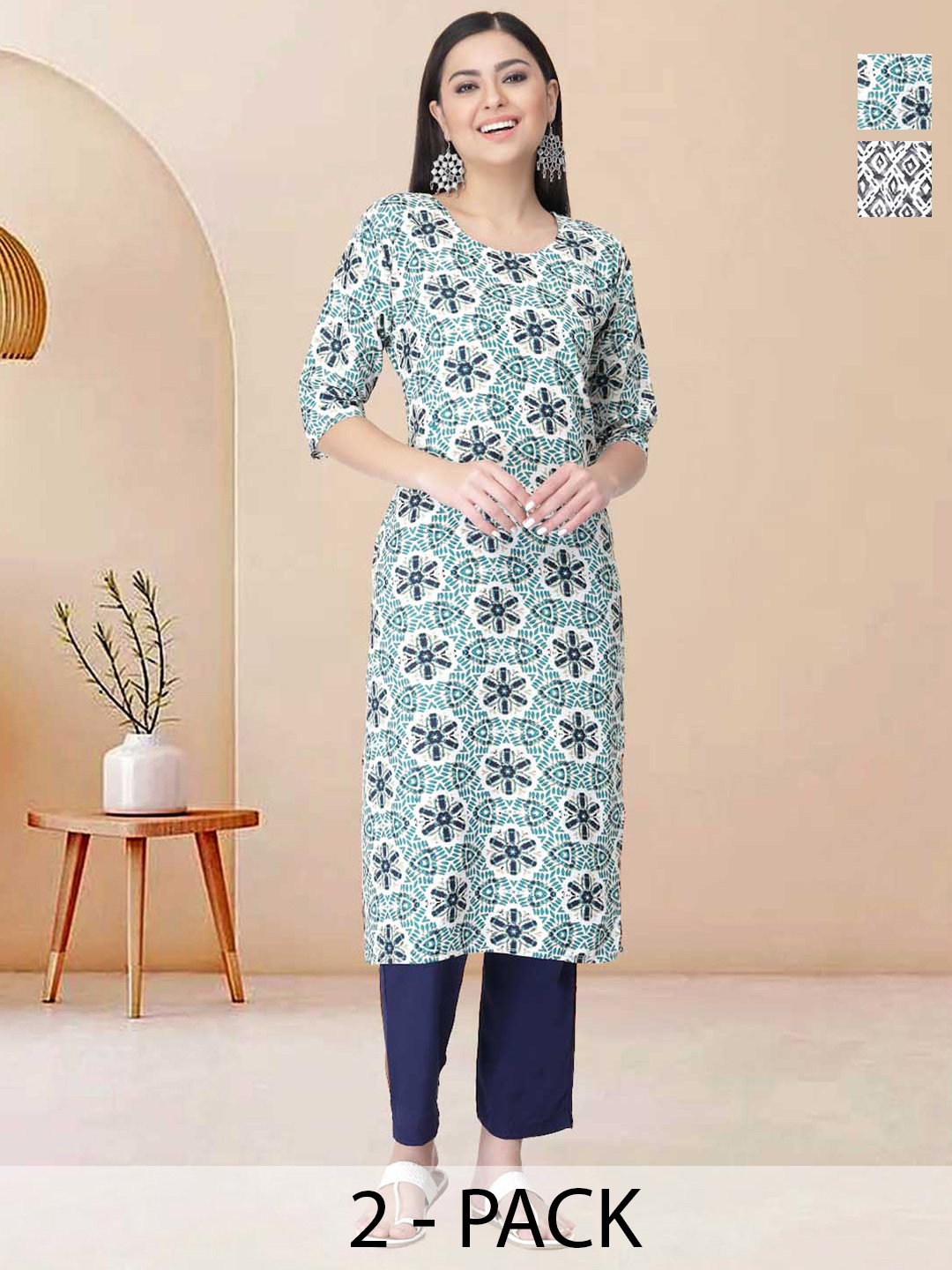 

Moda Rapido Pack of 2 Printed Straight Kurta with Trousers, Green