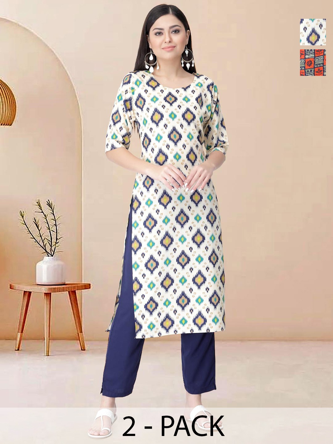 

Moda Rapido Pack of 2 Printed Straight Kurta with Trousers, White