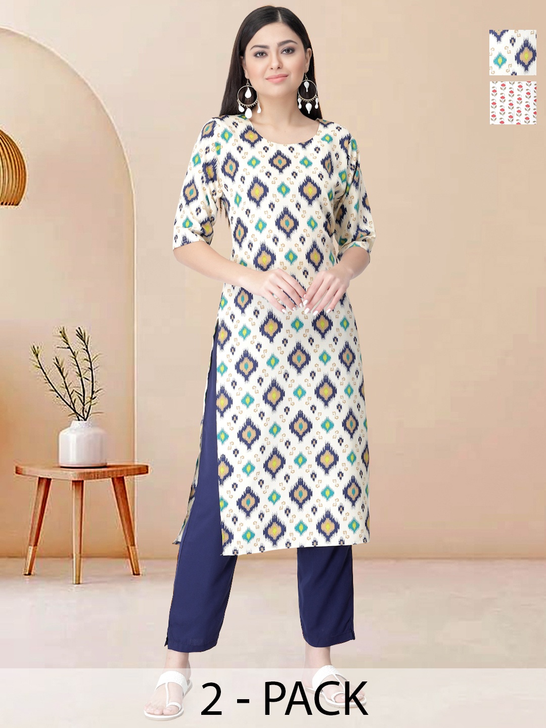 

Moda Rapido Pack of 2 Printed Straight Kurta with Trousers, White
