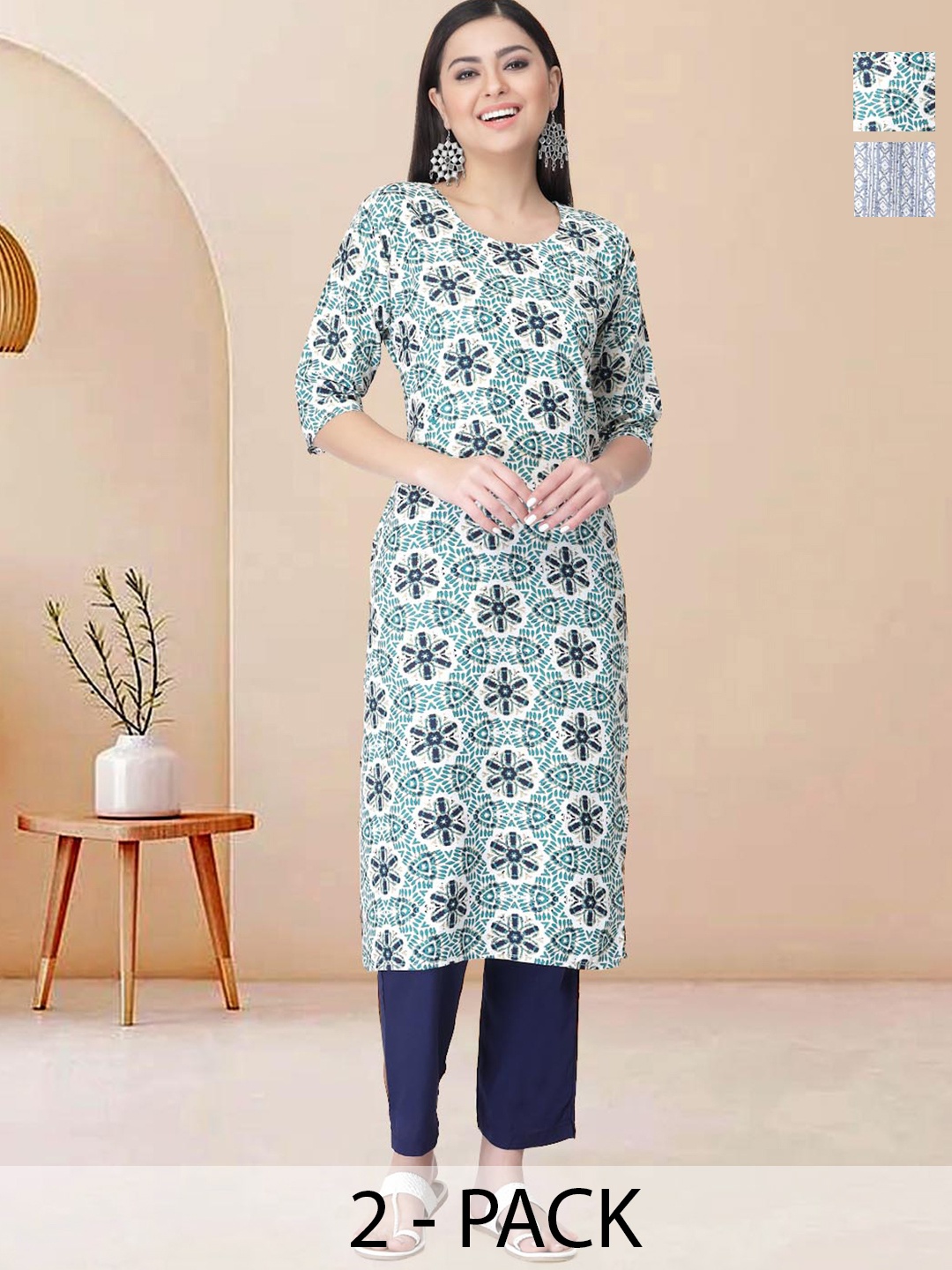 

Moda Rapido Pack of 2 Printed Straight Kurta with Trousers, Grey