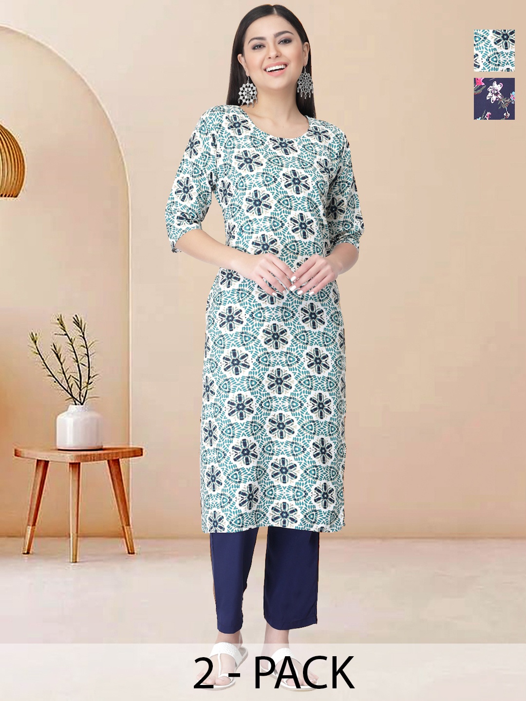 

Moda Rapido Pack of 2 Printed Straight Kurta with Trousers, Purple