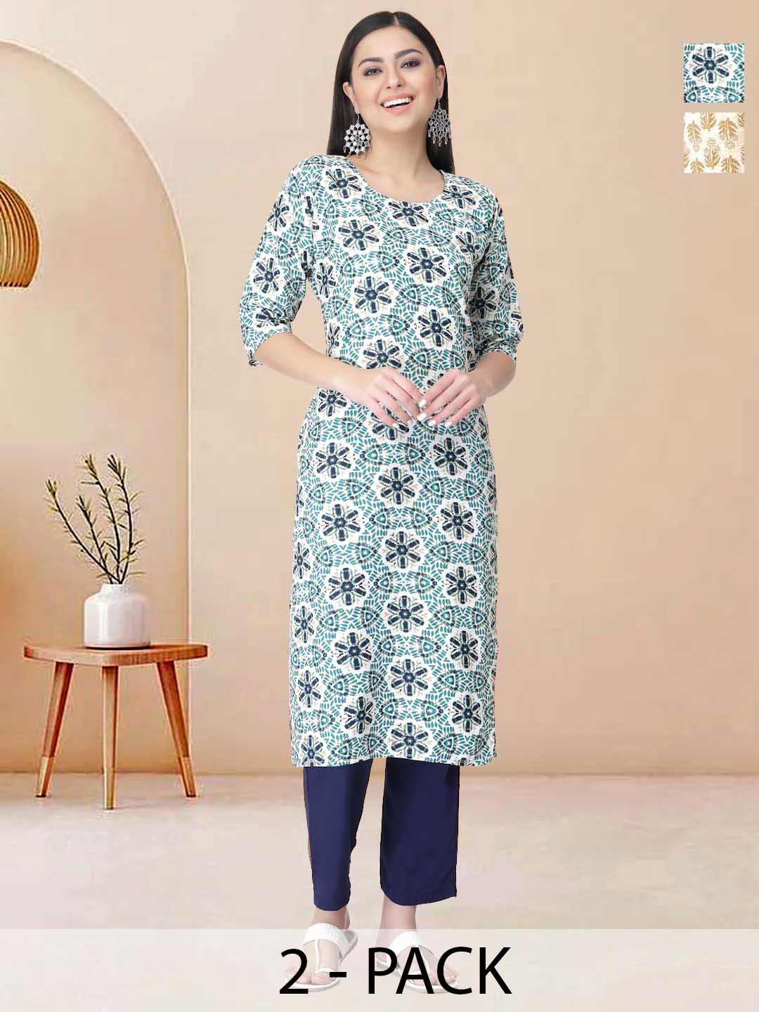 

Moda Rapido Pack of 2 Printed Straight Kurta with Trousers, Blue