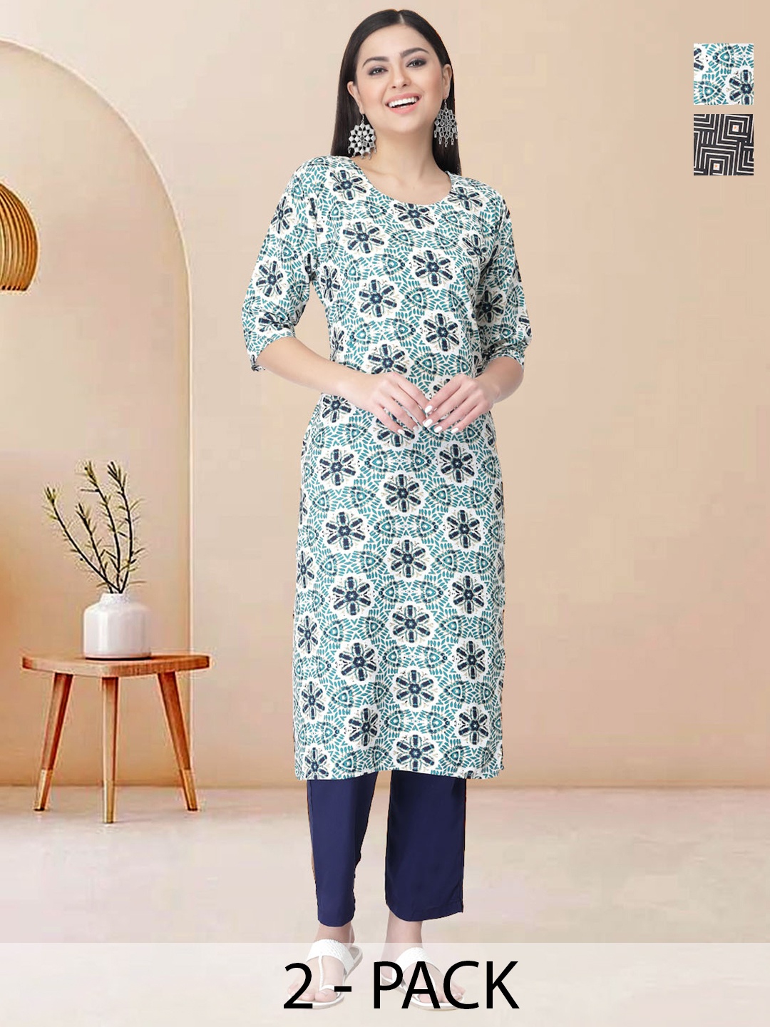 

Moda Rapido Pack of 2 Printed Straight Kurta with Trousers, Black