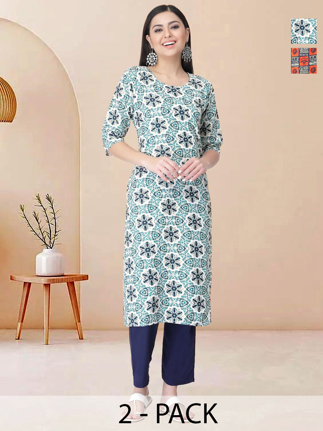 

Moda Rapido Pack of 2 Printed Straight Kurta with Trousers, White