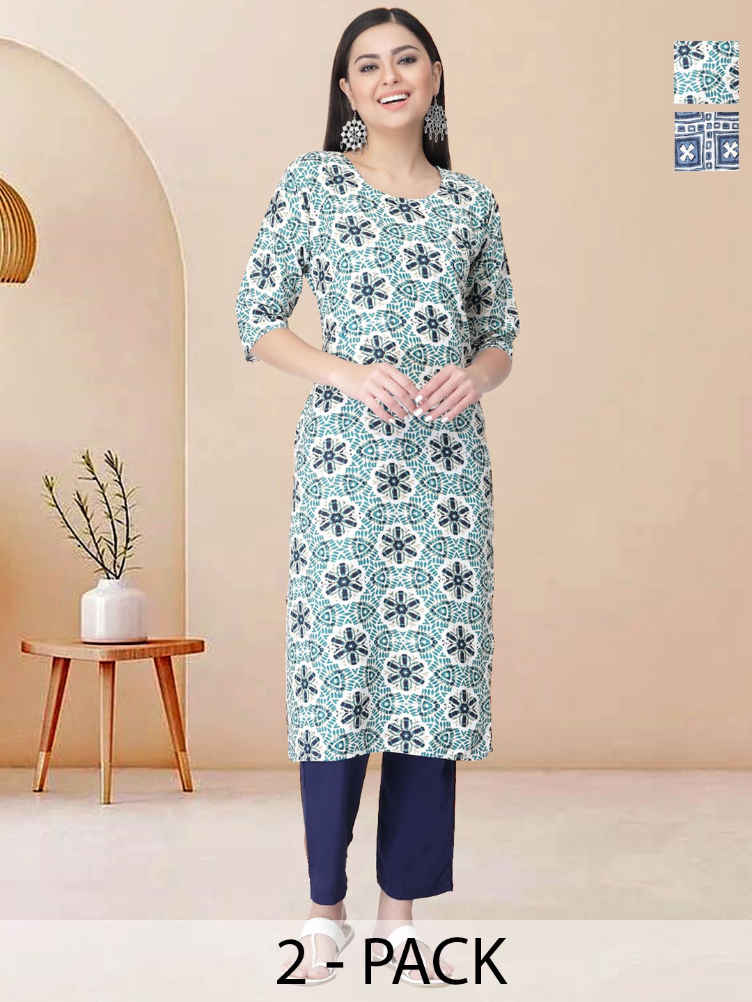 

Moda Rapido Pack of 2 Printed Straight Kurta with Trousers, Blue