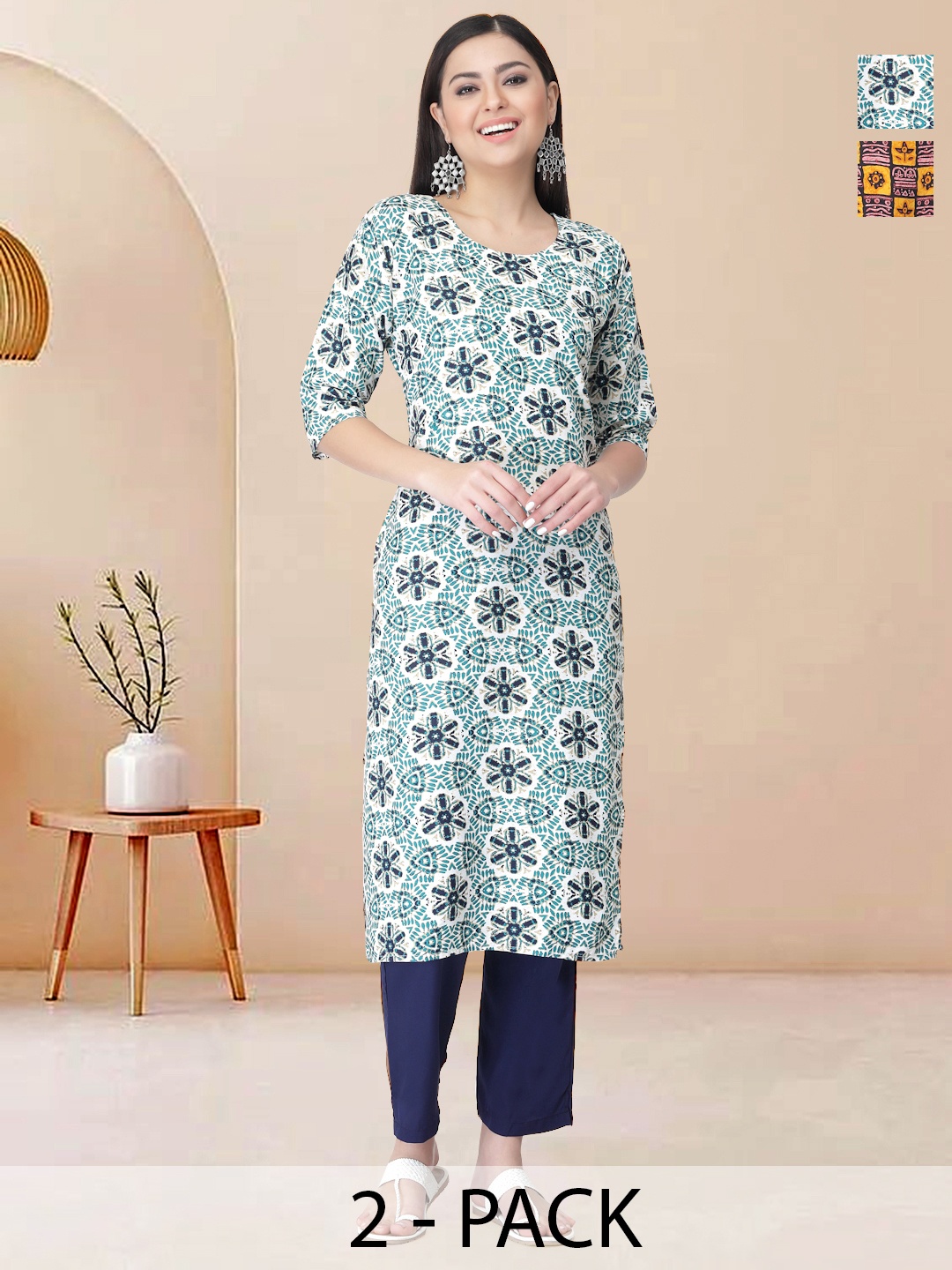 

Moda Rapido Pack of 2 Printed Straight Kurta with Trousers, Blue