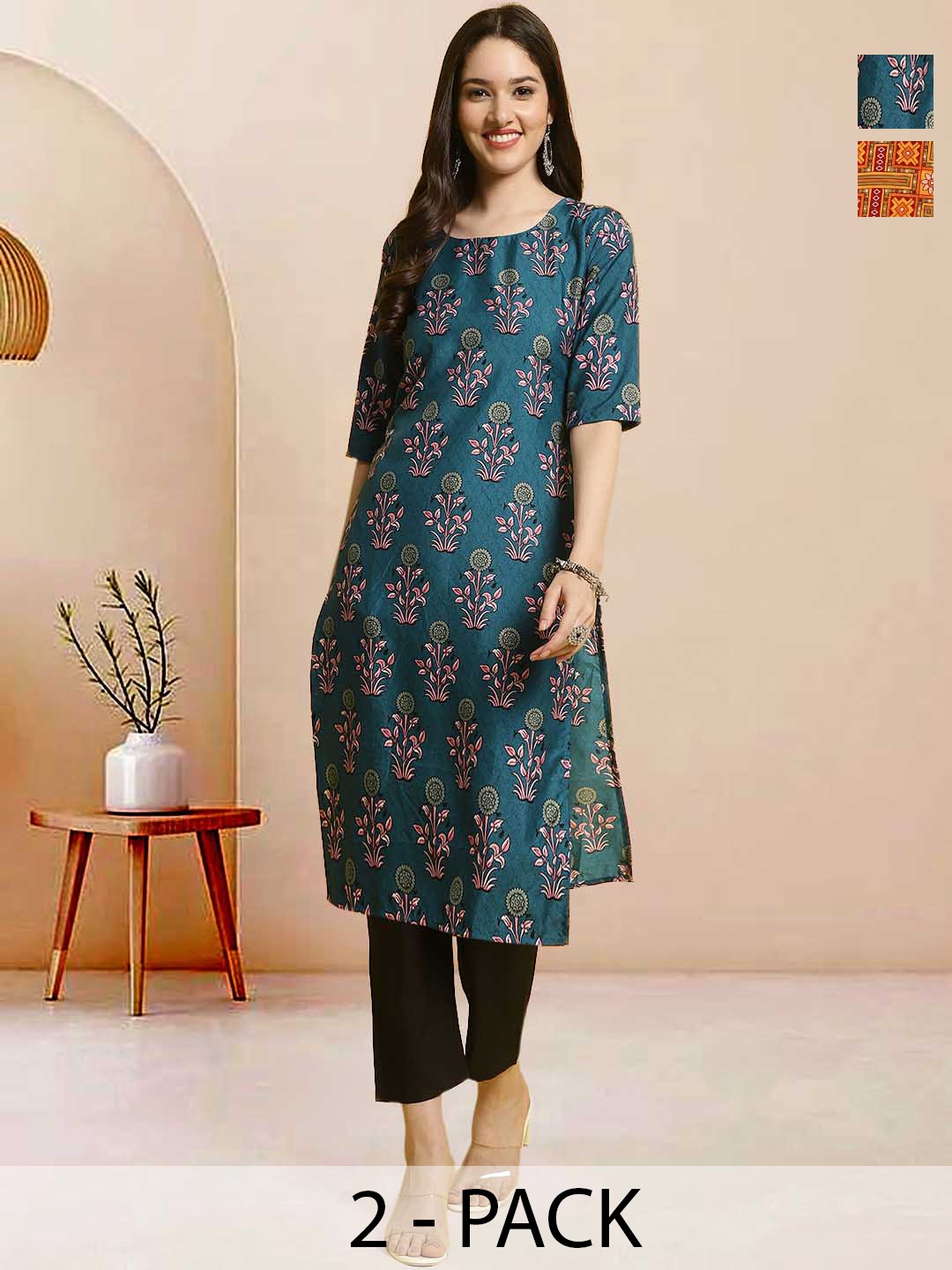 

Moda Rapido Pack of 2 Printed Straight Kurta with Trousers, Teal