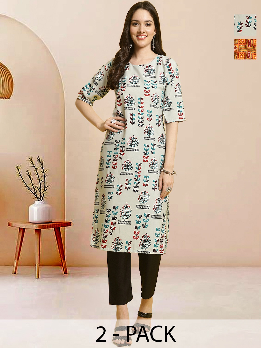 

Moda Rapido Pack of 2 Printed Straight Kurta with Trousers, Orange