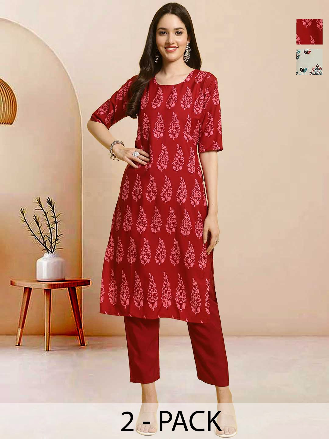 

Moda Rapido Pack of 2 Printed Straight Kurta with Trousers, Black