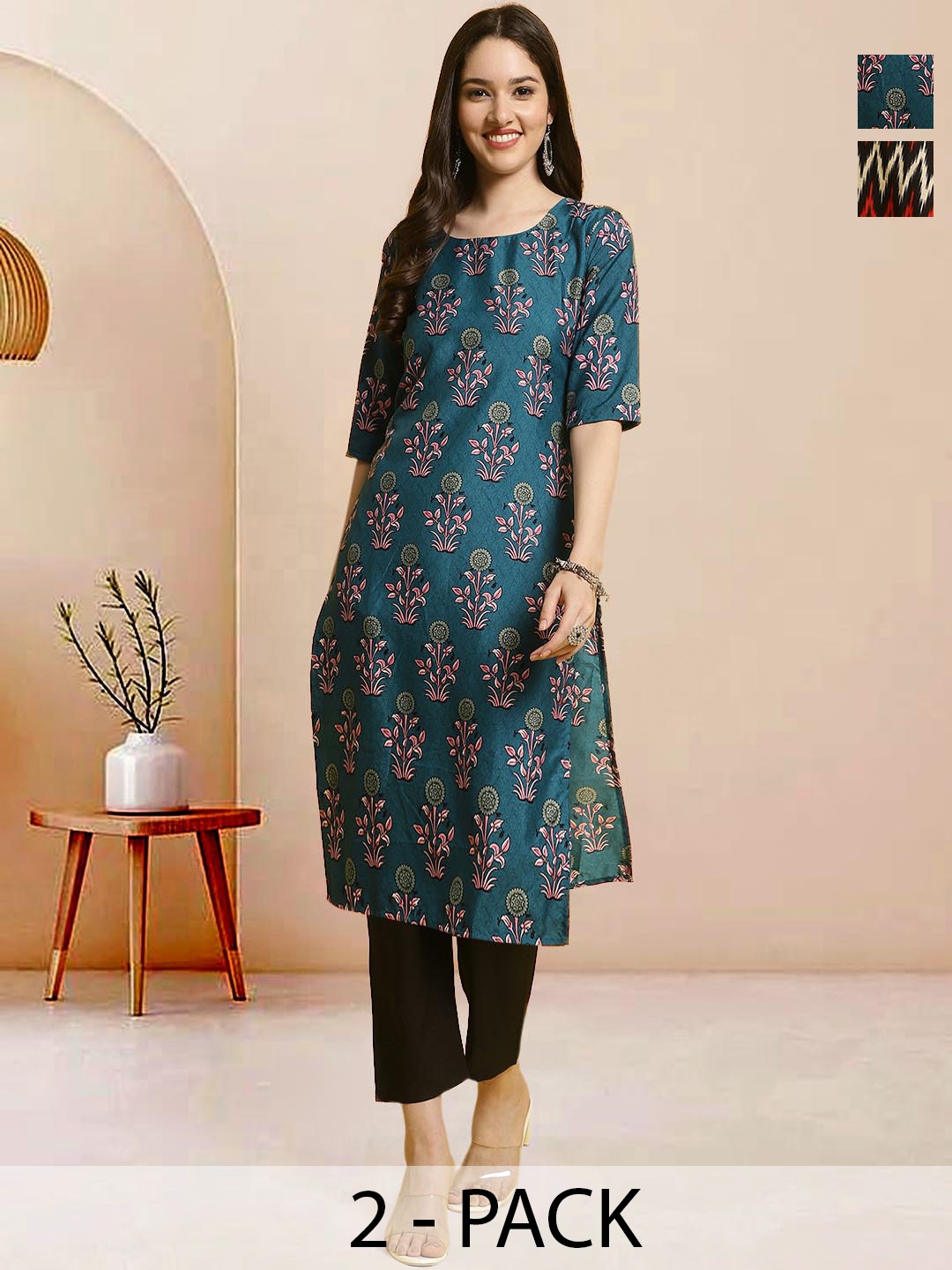 

Moda Rapido Pack of 2 Printed Straight Kurta with Trousers, Teal