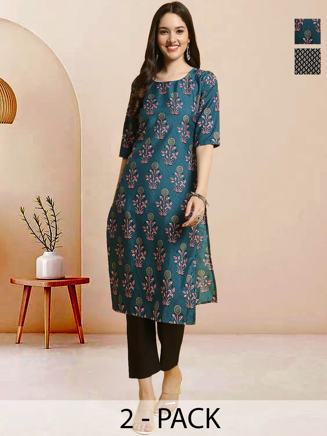 

Moda Rapido Pack of 2 Printed Straight Kurta with Trousers, Blue