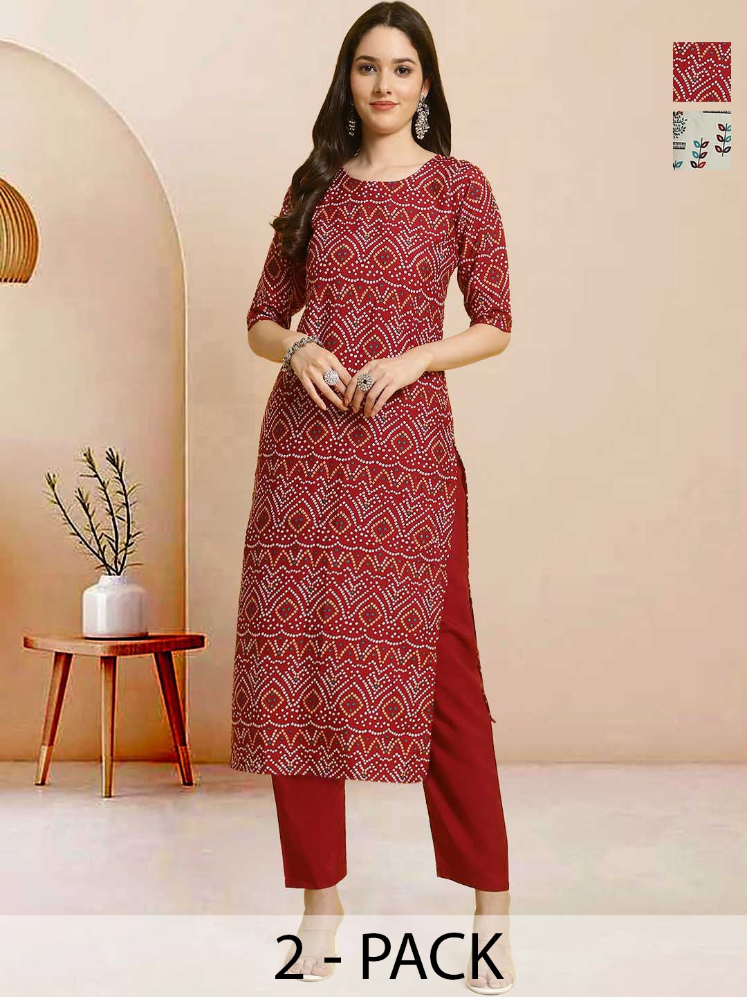

Moda Rapido Pack of 2 Printed Straight Kurta with Trousers, Red