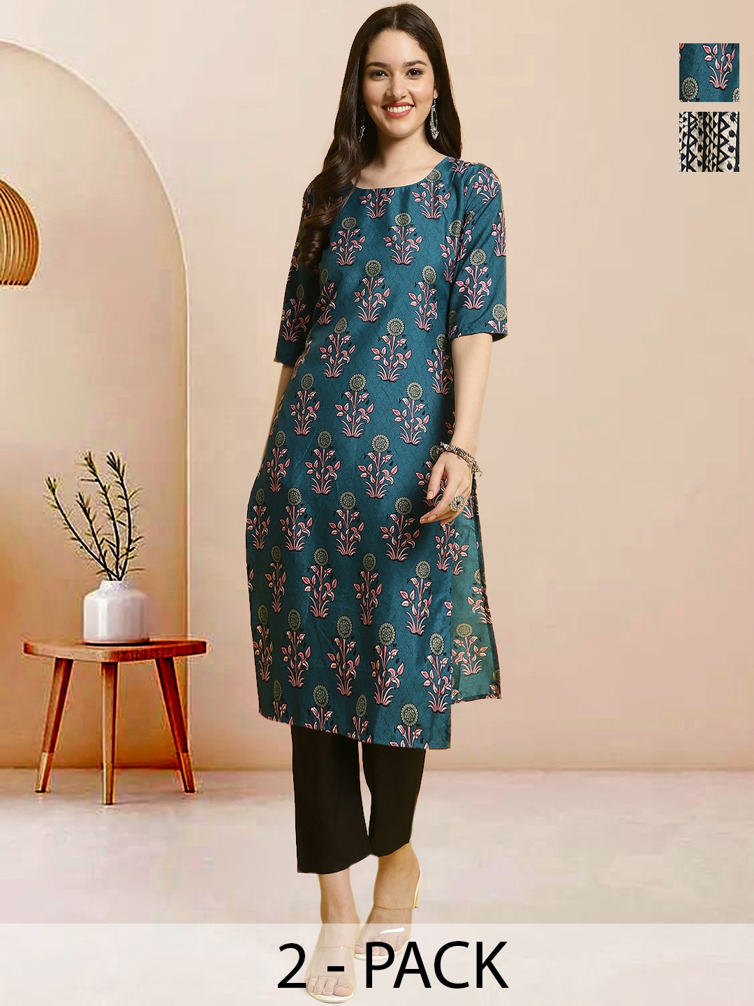 

Moda Rapido Pack of 2 Printed Straight Kurta with Trousers, Teal