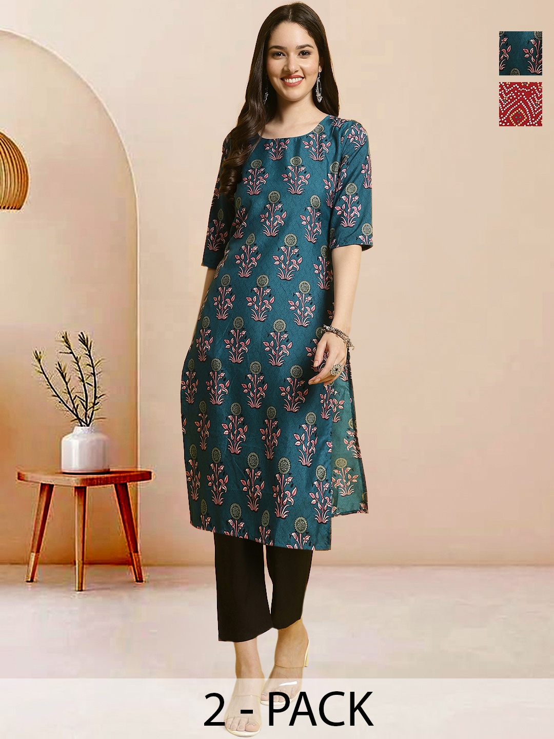 

Moda Rapido Pack of 2 Printed Straight Kurta with Trousers, Red