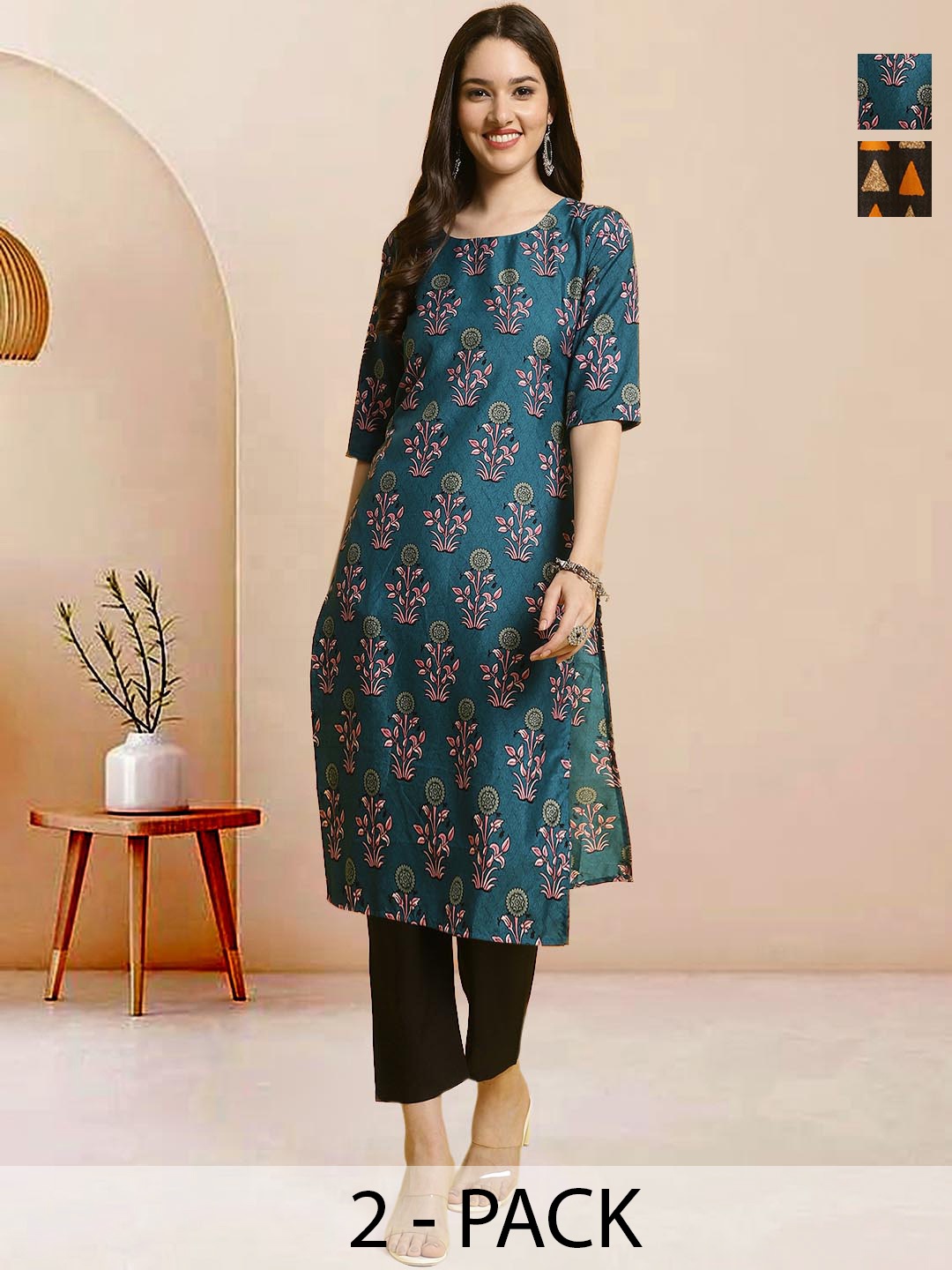 

Moda Rapido Pack of 2 Printed Straight Kurta with Trousers, Blue