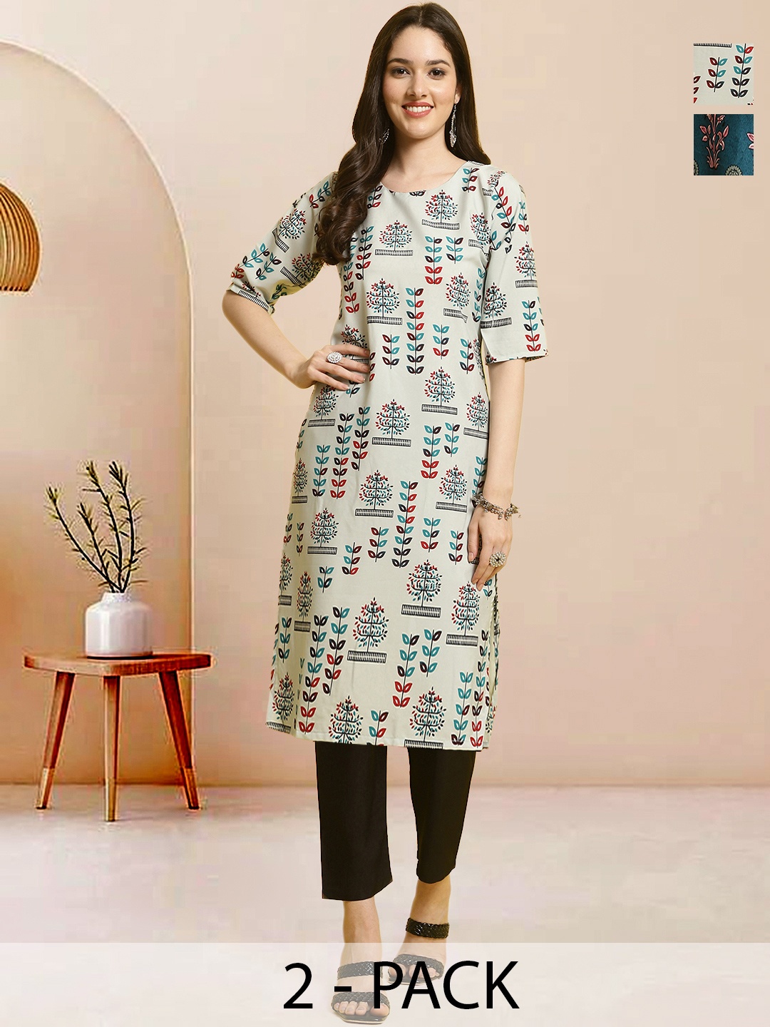 

Moda Rapido Pack of 2 Printed Straight Kurta with Trousers, Green