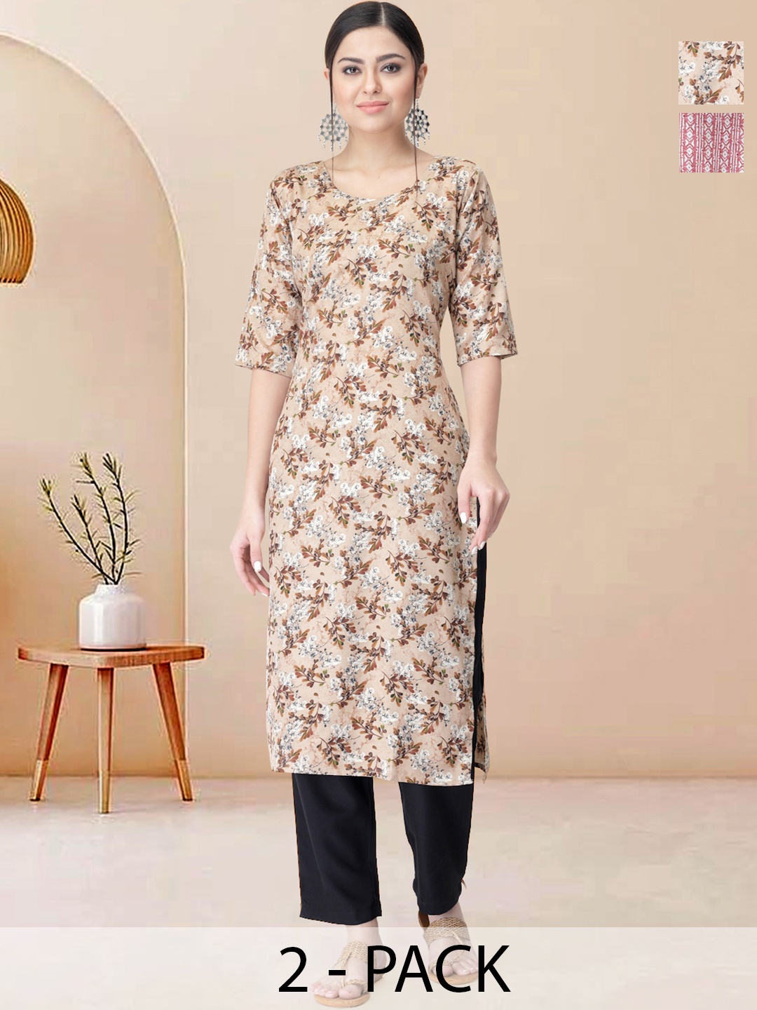 

Moda Rapido Pack of 2 Printed Straight Kurta with Trousers, Pink