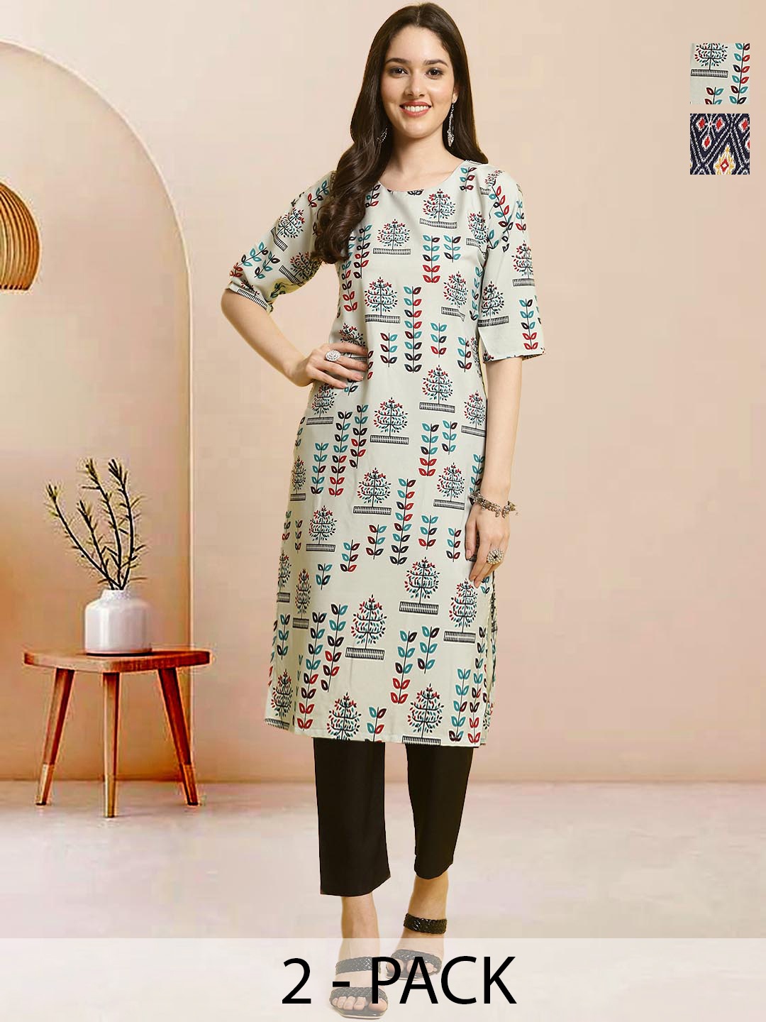 

Moda Rapido Pack of 2 Printed Straight Kurta with Trousers, Black