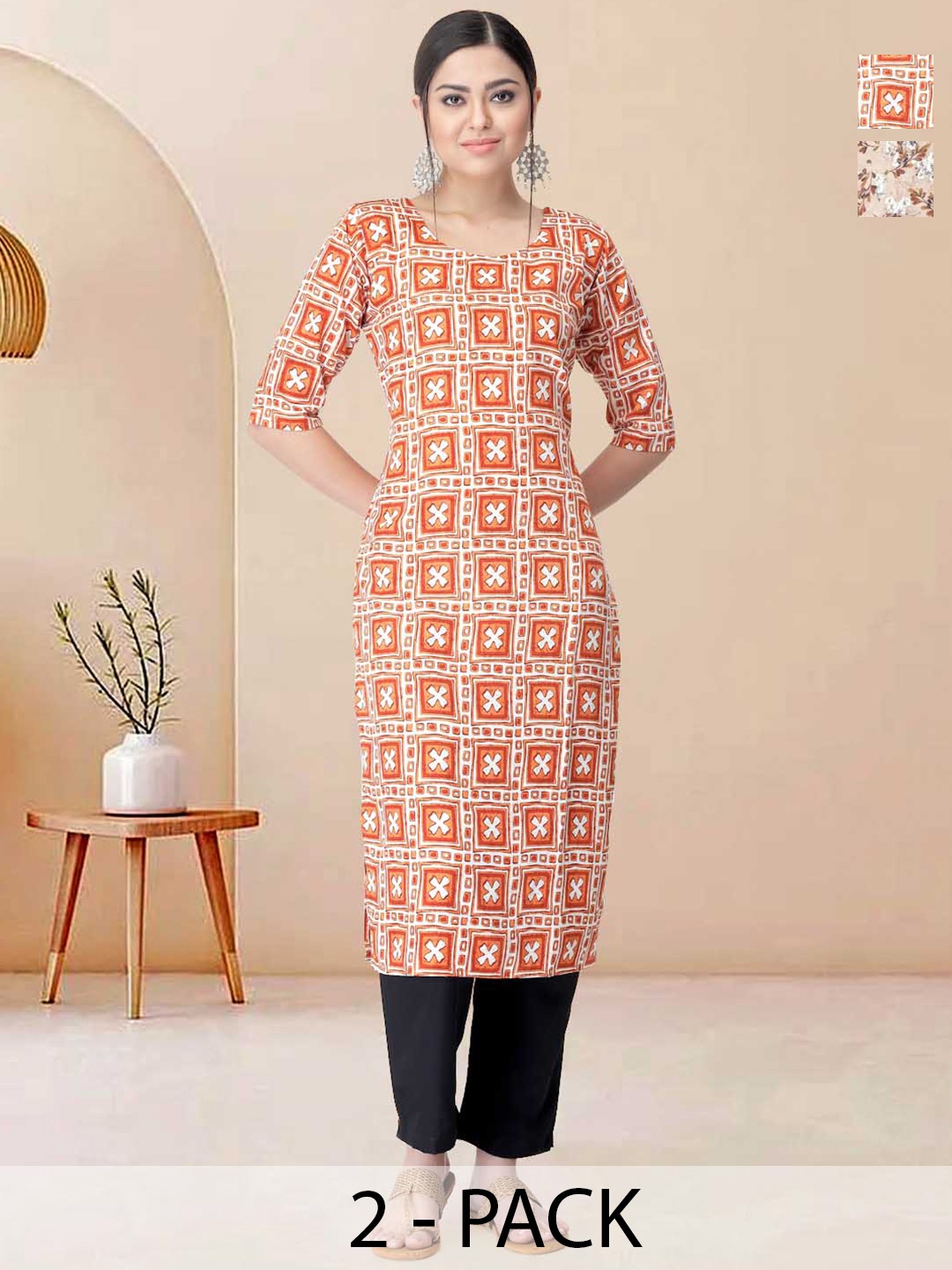 

Moda Rapido Pack of 2 Printed Straight Kurta with Trousers, Beige