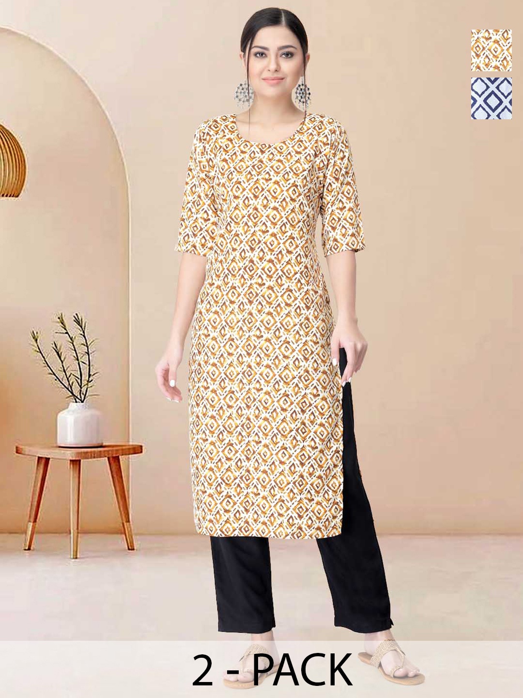 

Moda Rapido Pack of 2 Printed Straight Kurta with Trousers, Yellow