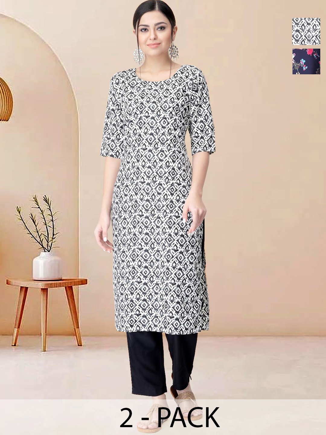 

Moda Rapido Pack of 2 Printed Straight Kurta with Trousers, Navy blue