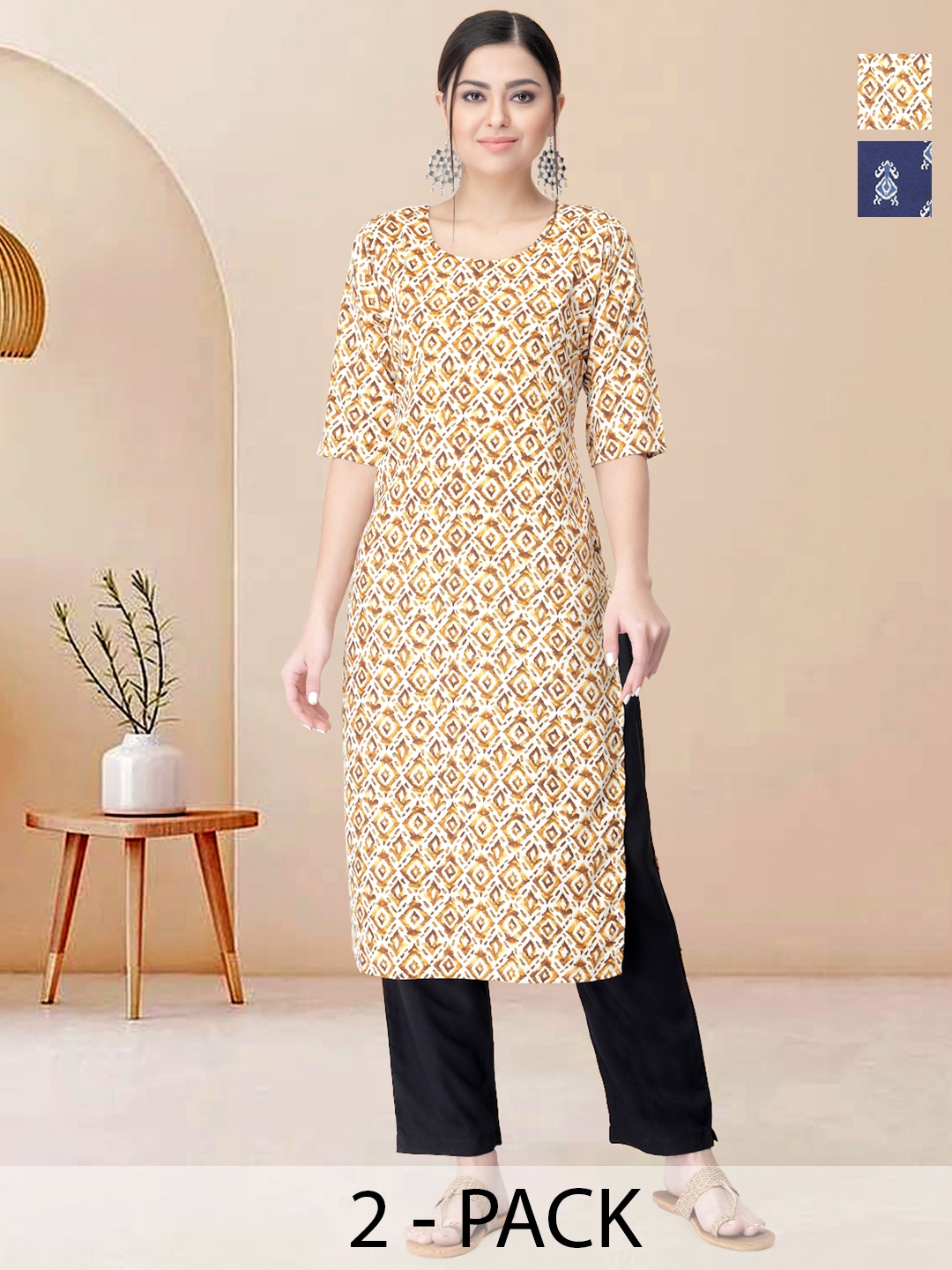 

Moda Rapido Pack of 2 Printed Straight Kurta with Trousers, Yellow