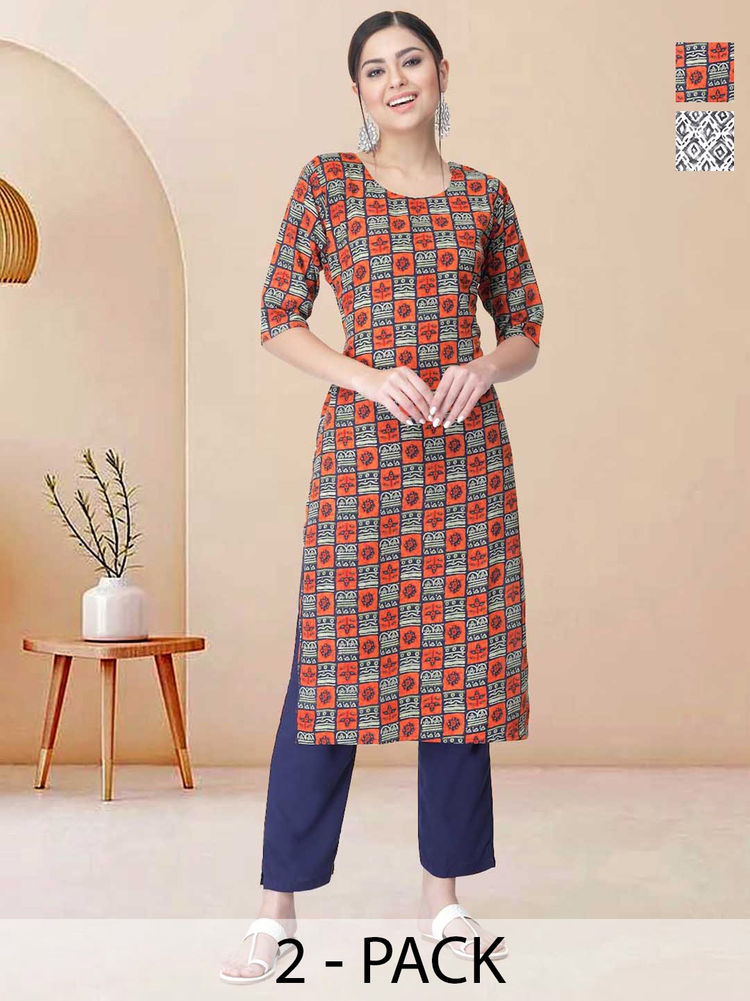 

Moda Rapido Pack of 2 Printed Straight Kurta with Trousers, Grey