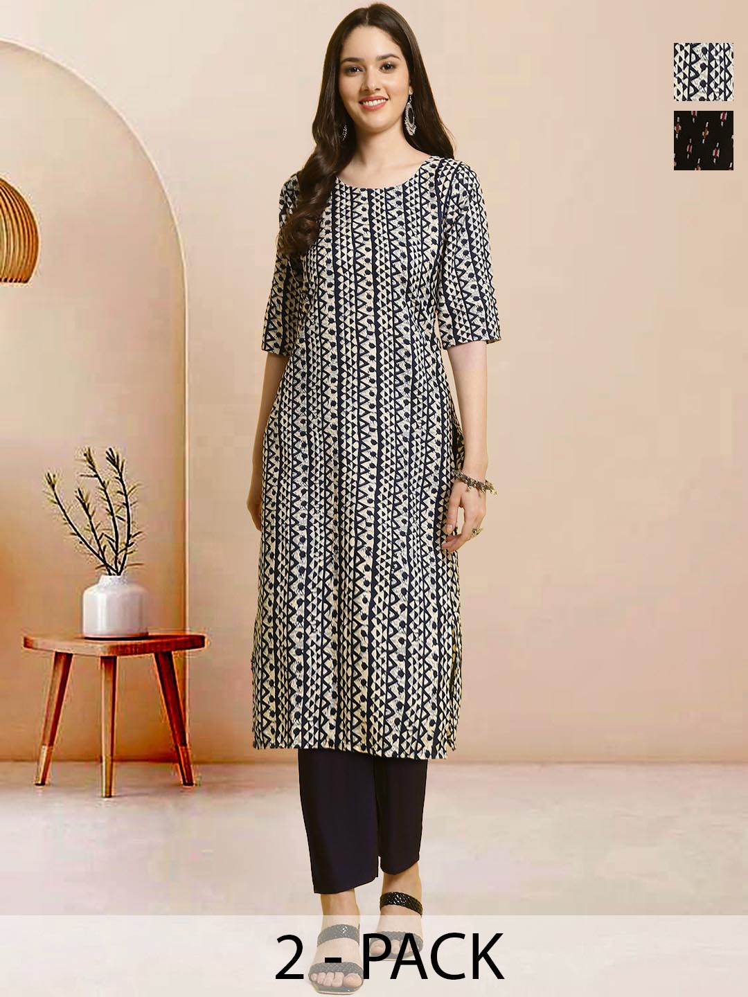

Moda Rapido Pack of 2 Printed Straight Kurta with Trousers, Black