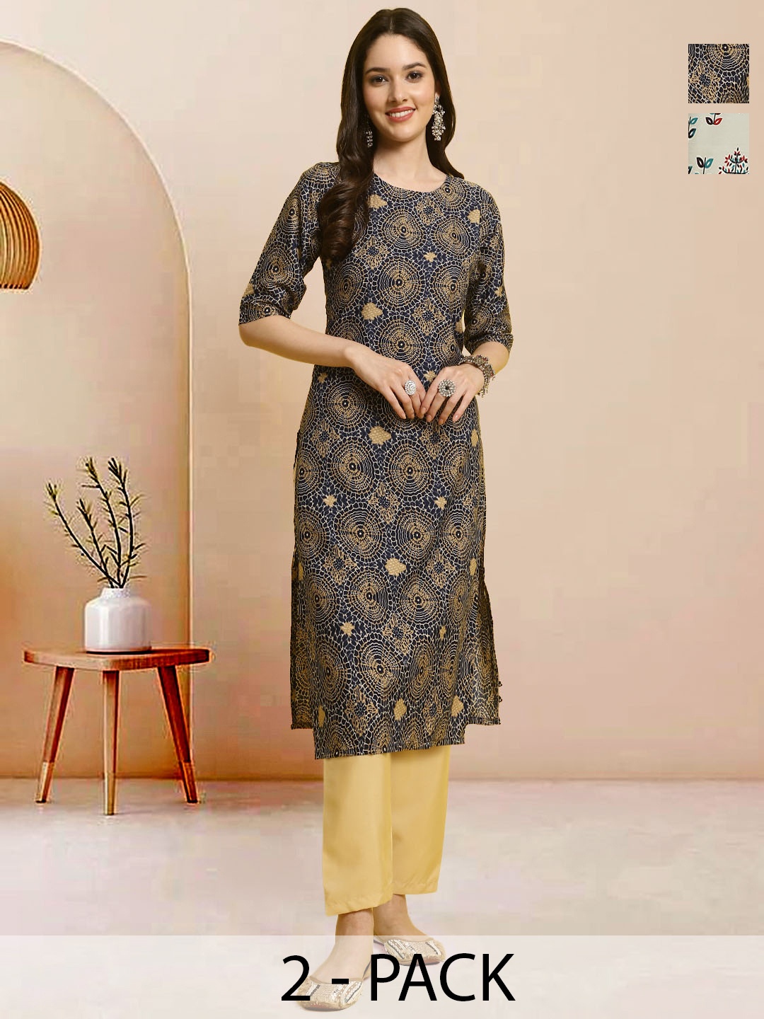 

Moda Rapido Pack of 2 Printed Straight Kurta with Trousers, Blue