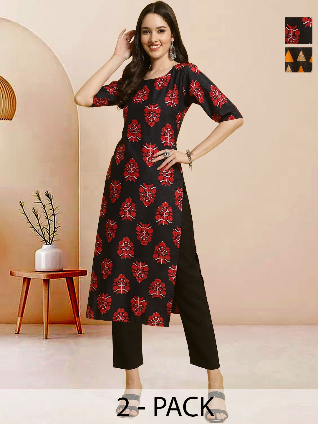 

Moda Rapido Pack of 2 Printed Straight Kurta with Trousers, Black