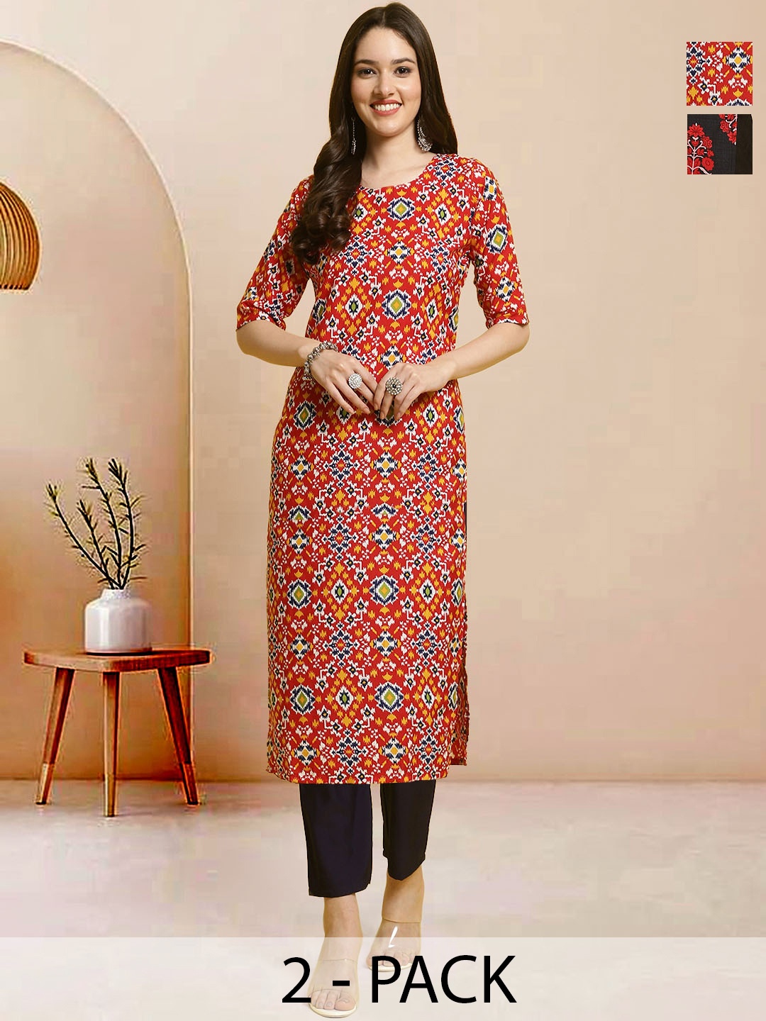 

Moda Rapido Pack of 2 Printed Straight Kurta with Trousers, Black