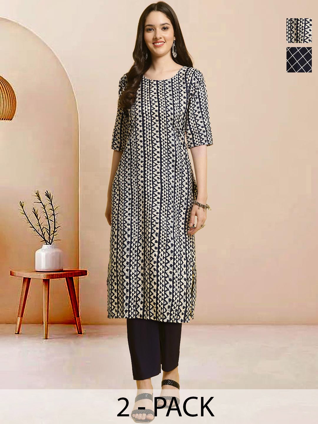 

Moda Rapido Pack of 2 Printed Straight Kurta with Trousers, Black