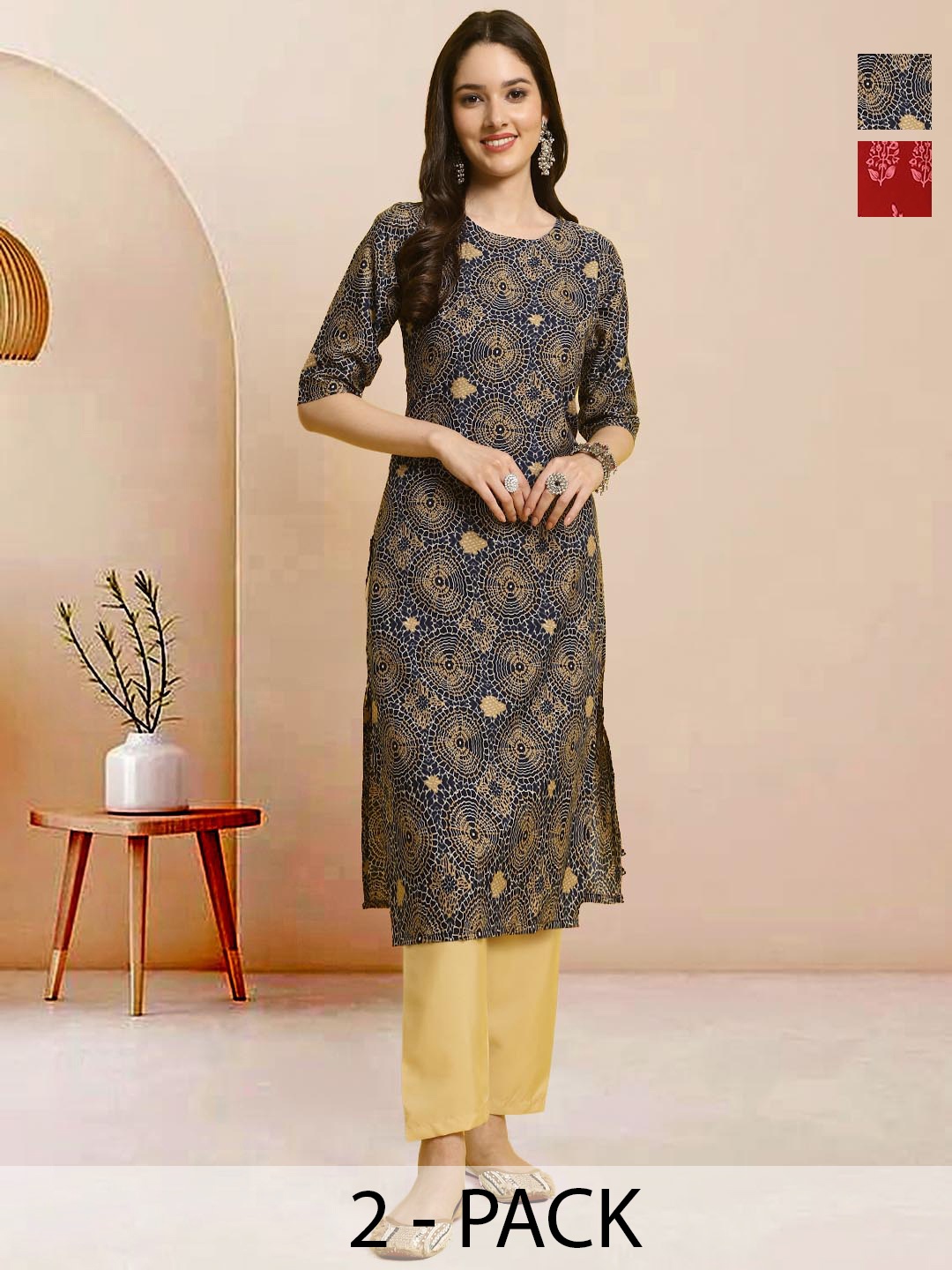 

Moda Rapido Pack of 2 Printed Straight Kurta with Trousers, Navy blue