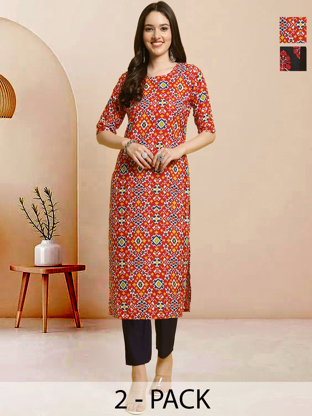 

Moda Rapido Pack of 2 Printed Straight Kurta with Trousers, Black