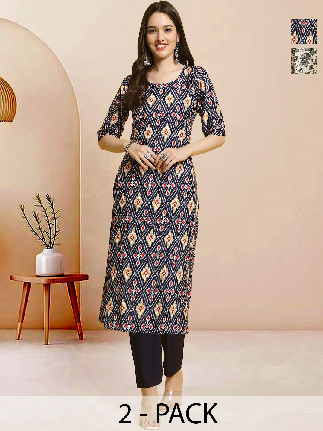

Moda Rapido Pack of 2 Printed Straight Kurta with Trousers, Navy blue