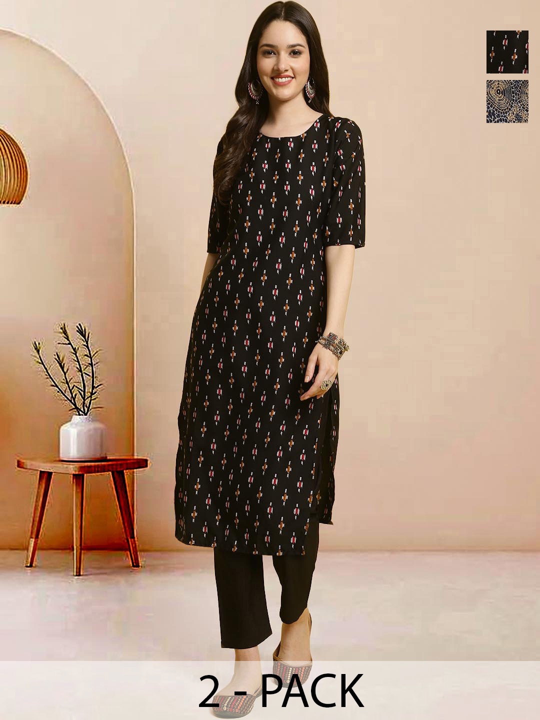 

Moda Rapido Pack of 2 Printed Straight Kurta with Trousers, Navy blue