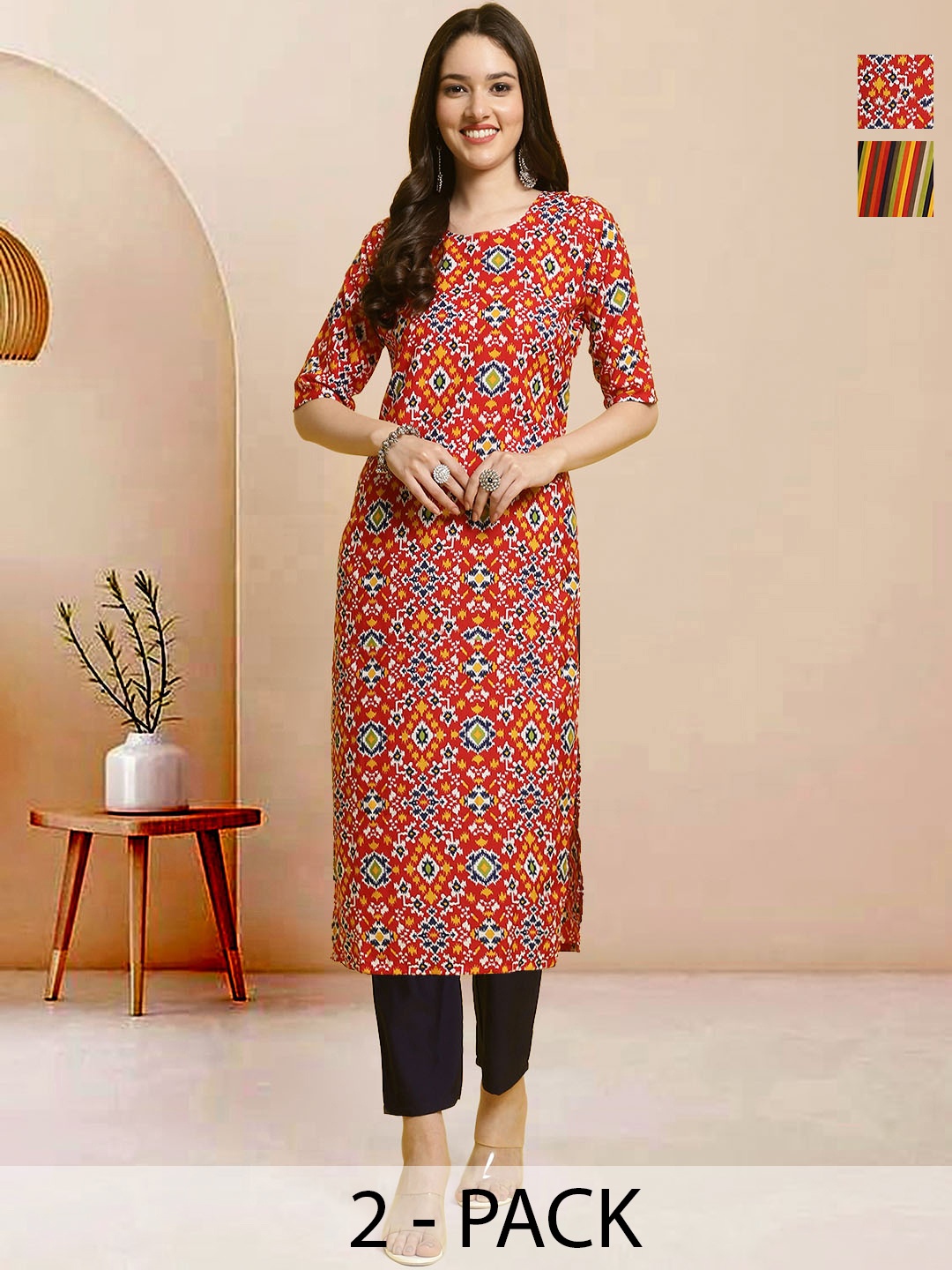 

Moda Rapido Pack of 2 Printed Straight Kurta with Trousers, Red