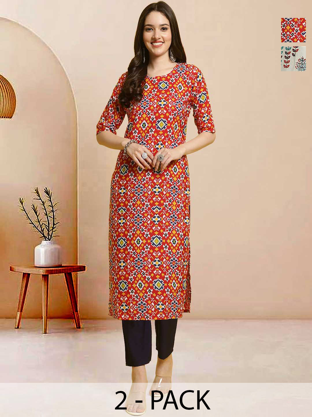 

Moda Rapido Pack of 2 Printed Straight Kurta with Trousers, Red