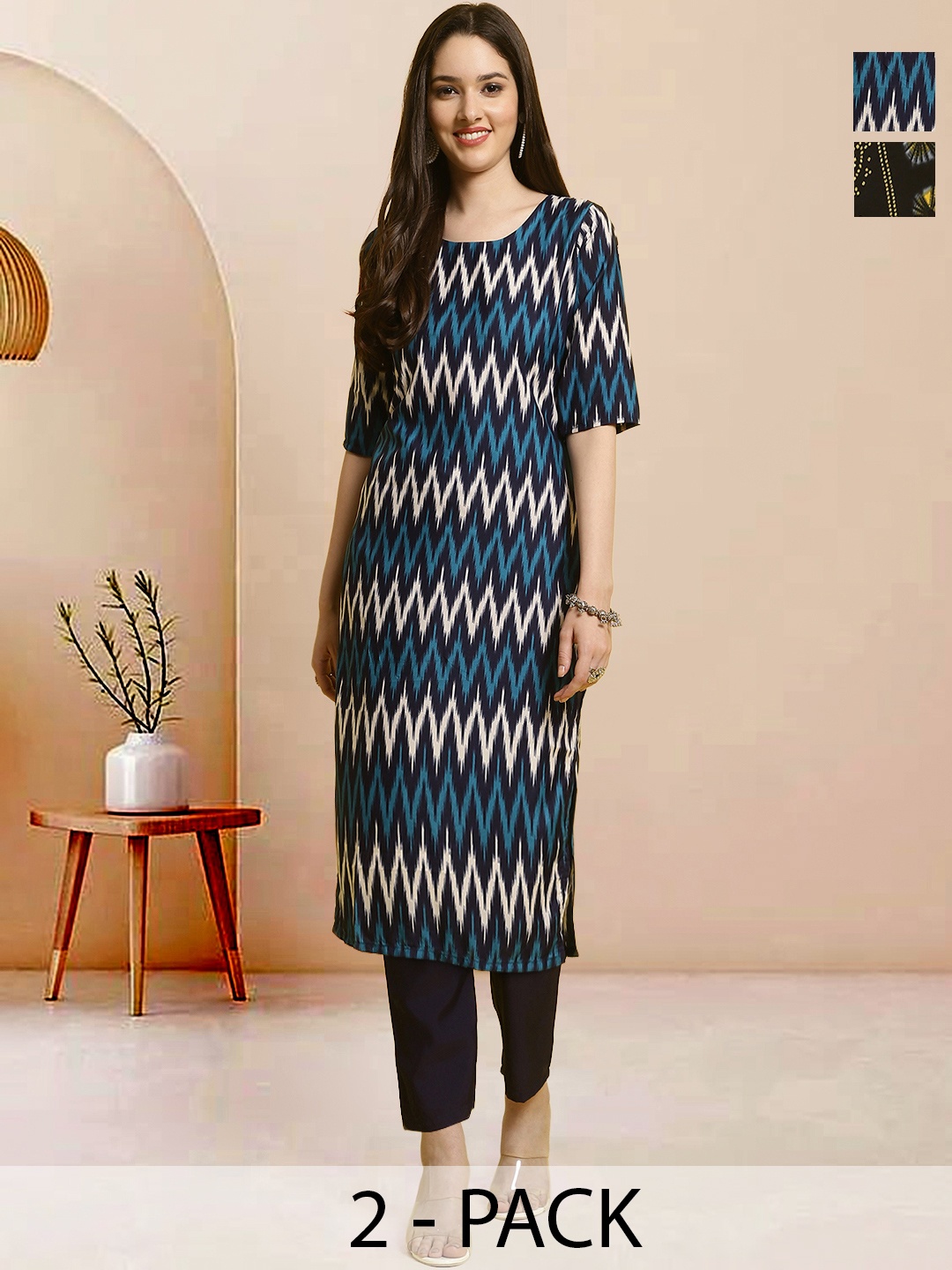 

Moda Rapido Pack of 2 Printed Straight Kurta with Trousers, Black