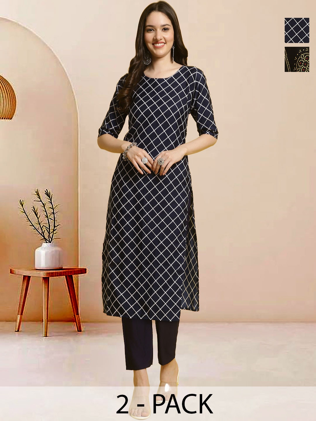

Moda Rapido Pack of 2 Printed Straight Kurta with Trousers, Black