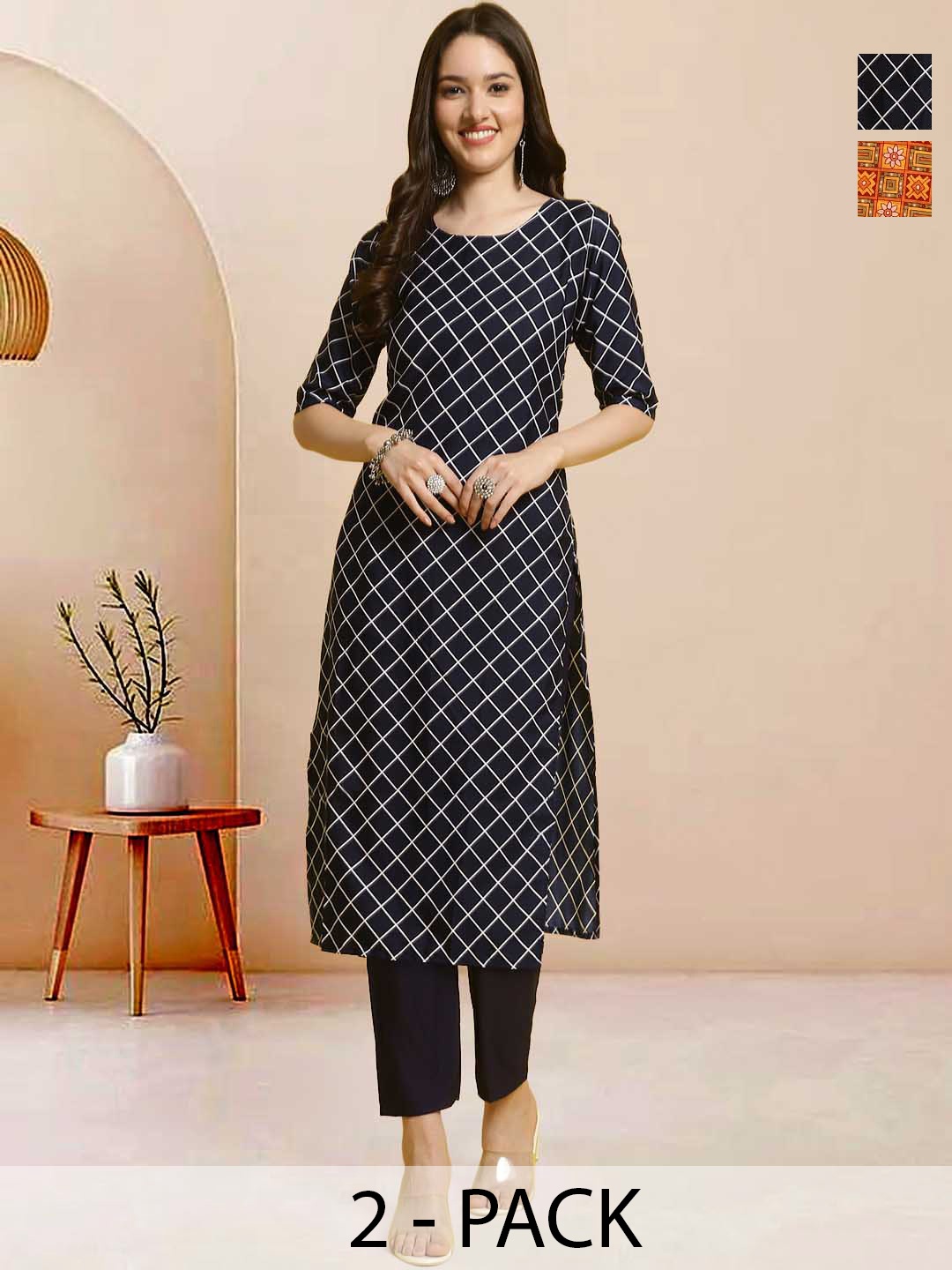

Moda Rapido Pack of 2 Printed Straight Kurta with Trousers, Navy blue